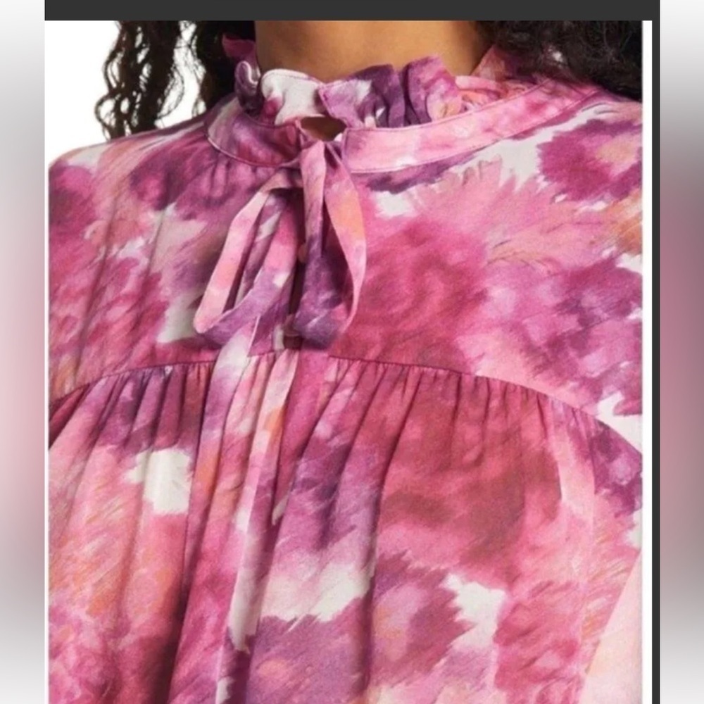 LoveShackFancy Gamela Blouse Top Tie Neck Silk Pre-dawn Sky Pink Medium - Picture 8 of 8